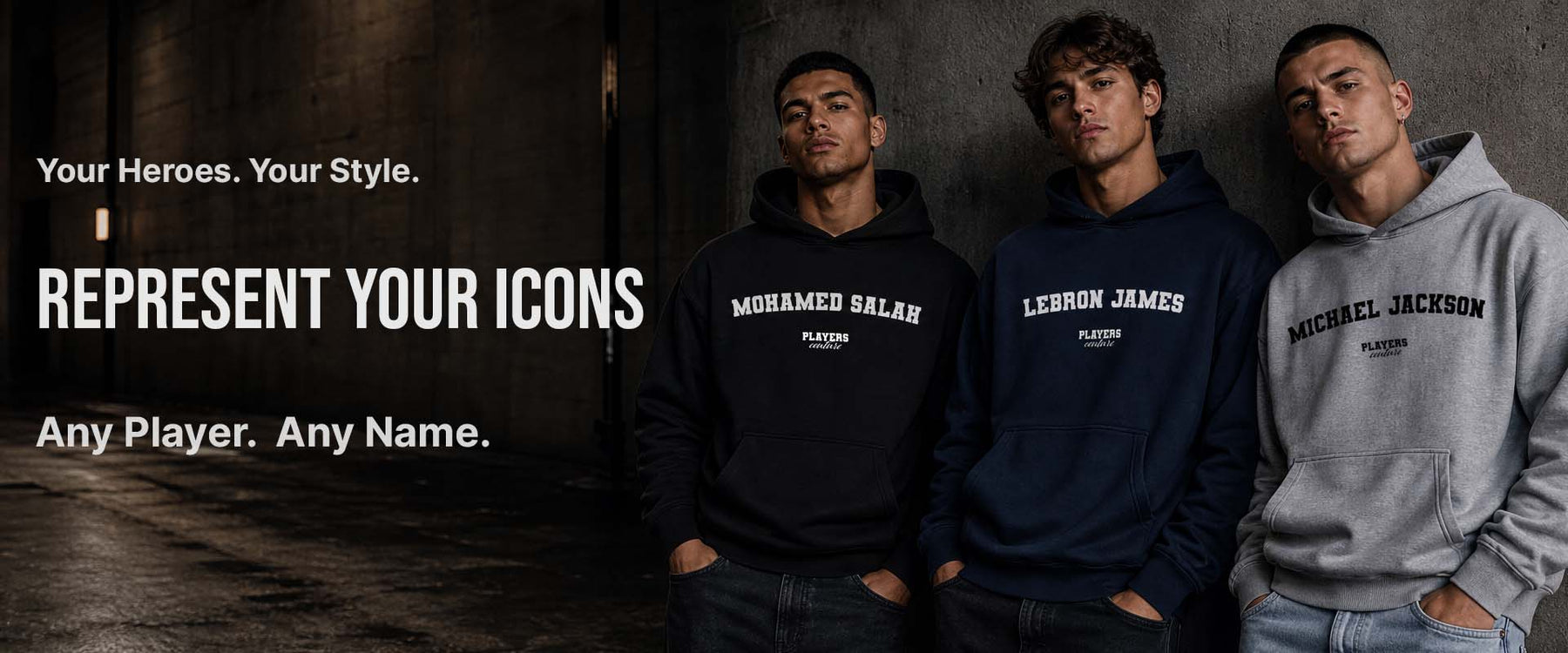 Three individuals wearing branded hoodies with text on a dark background