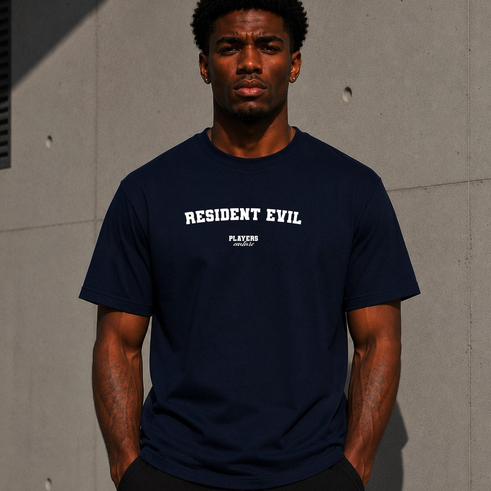Resident Evil Men's T-Shirt — lifestyle photo, Navy t-shirt