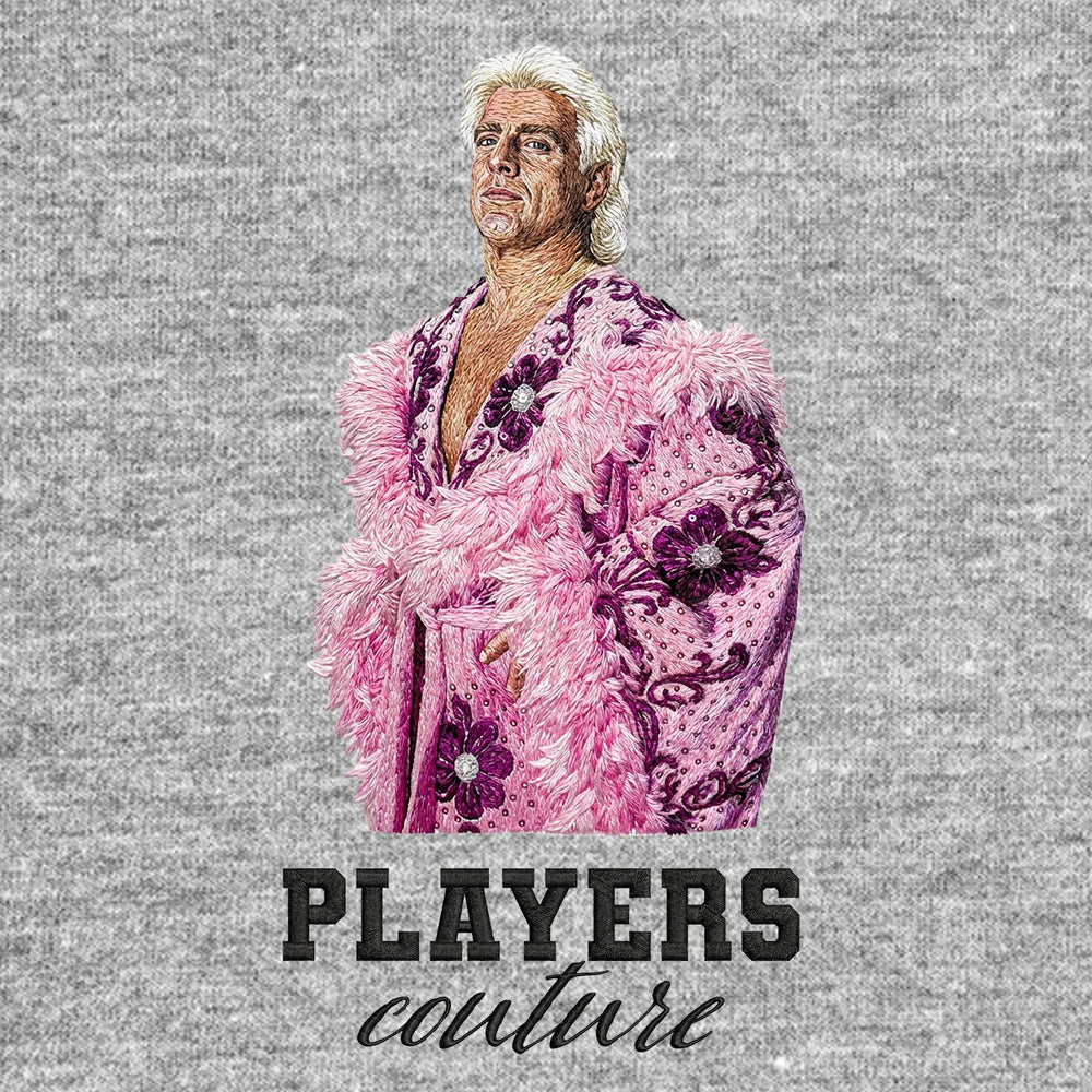 Ric Flair Badge Men's Hoodie – black close-up detail shot of the Ric Flair Players Couture logo design