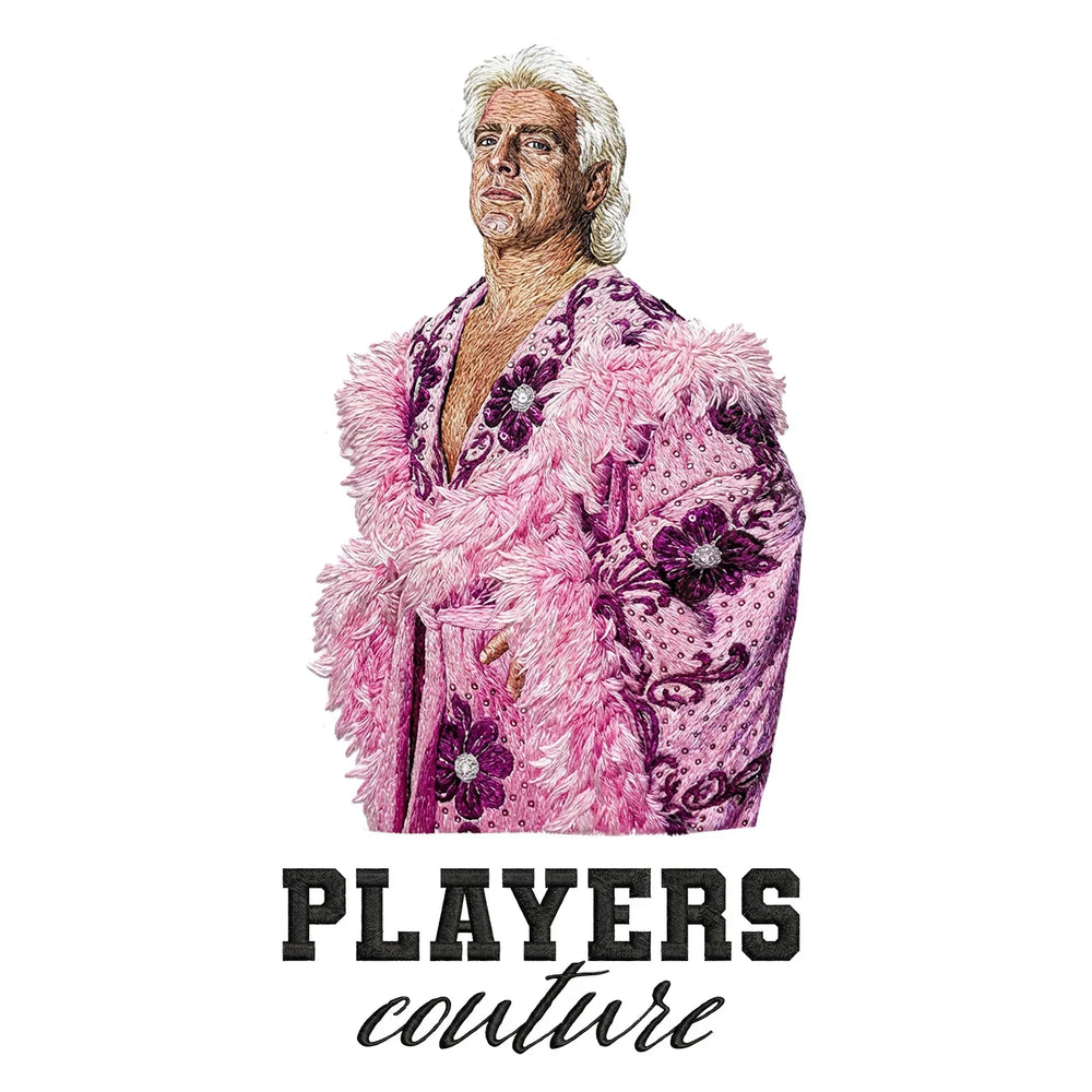 Ric Flair Badge Men's Hoodie – black close-up detail shot of the Ric Flair Players Couture logo design