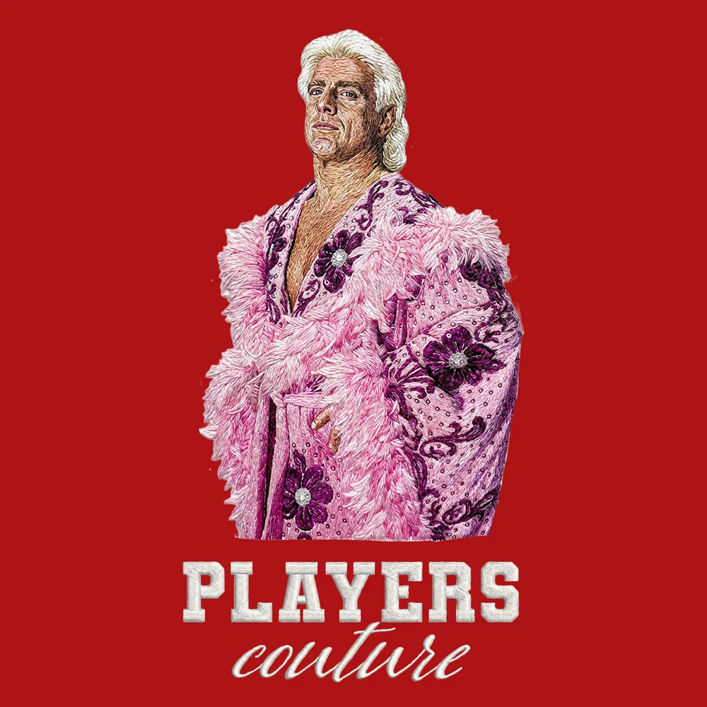 Ric Flair Badge Men's Hoodie – white close-up detail shot of the Ric Flair Players Couture logo design
