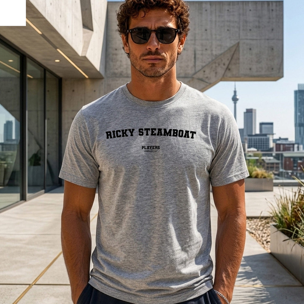 Ricky Steamboat Men's T-Shirt — lifestyle photo, Grey t-shirt