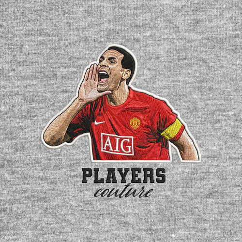 Rio Ferdinand Badge Men's Hoodie – black close-up detail shot of the Rio Ferdinand Players Couture logo design