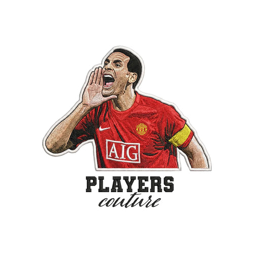 Rio Ferdinand Badge Men's Hoodie – black close-up detail shot of the Rio Ferdinand Players Couture logo design