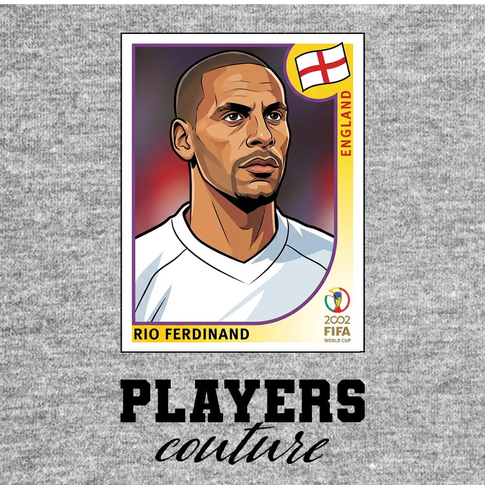 Rio Ferdinand World Cup Sticker Men's T-Shirt – grey close-up detail shot of the Rio Ferdinand World Cup Players Couture