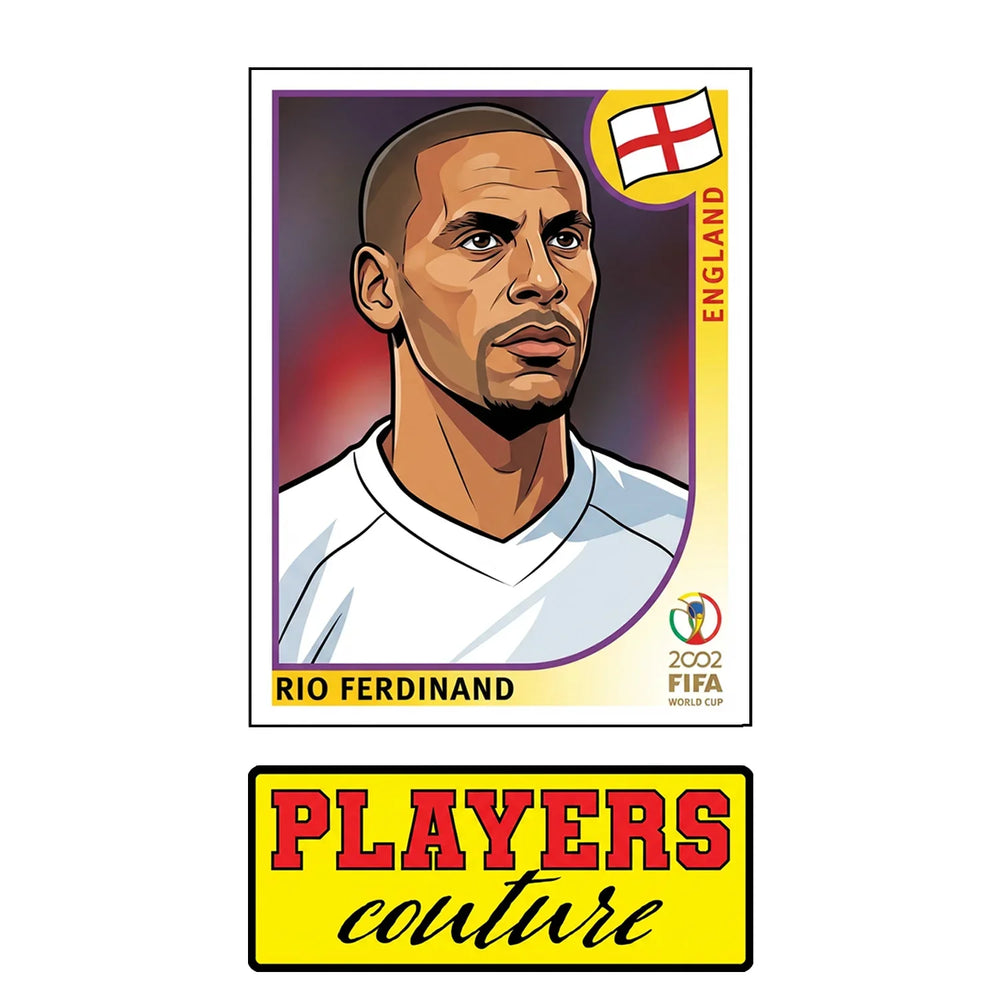 Rio Ferdinand World Cup Sticker Men's T-Shirt – close-up detail shot of the Rio Ferdinand World Cup Players Couture logo