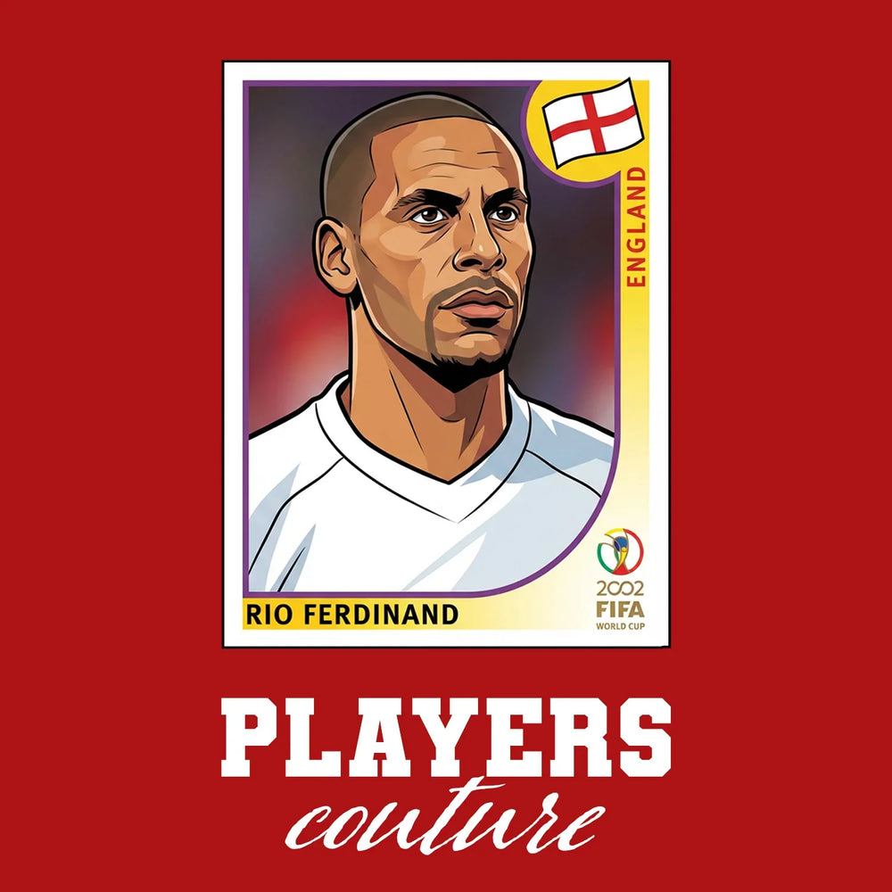 Rio Ferdinand World Cup Sticker Men's T-Shirt – red close-up detail shot of the Rio Ferdinand World Cup Players Couture logo