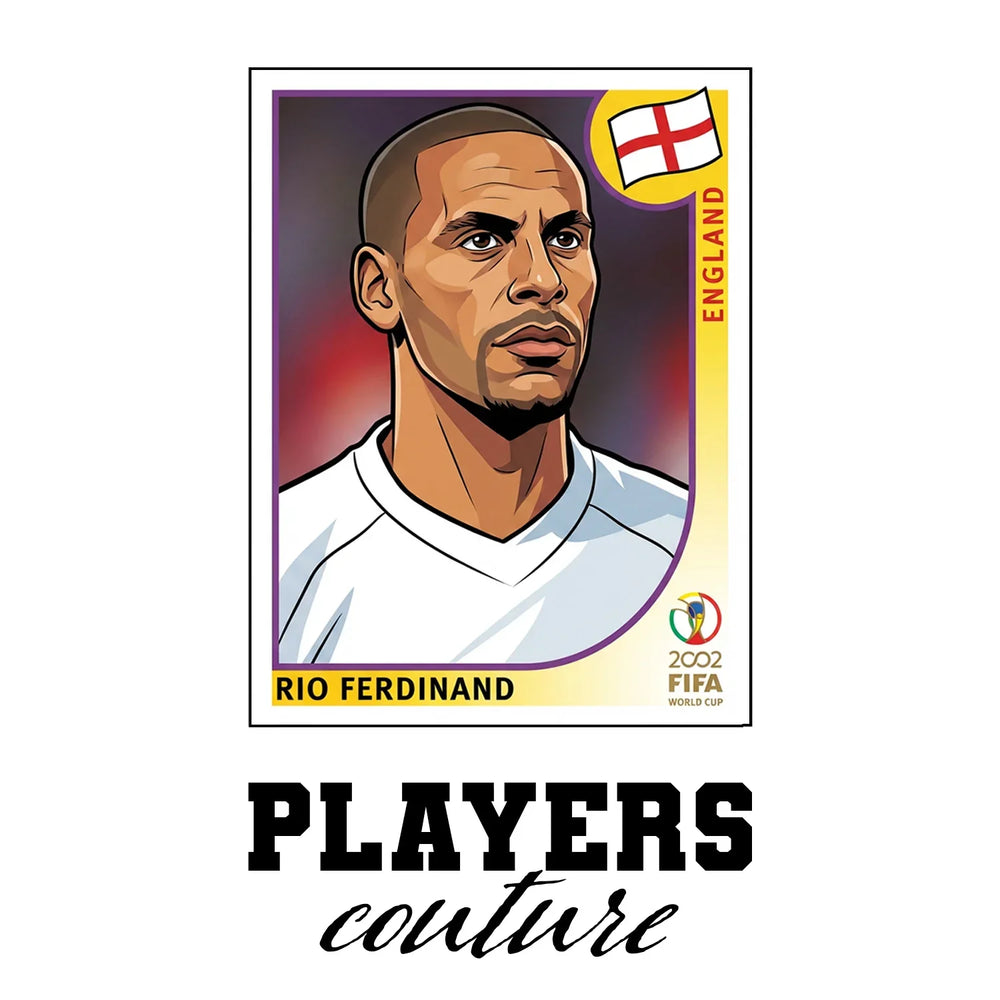 Rio Ferdinand World Cup Sticker Men's T-Shirt – white close-up detail shot of the Rio Ferdinand Players Couture logo design