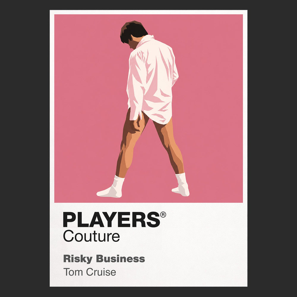 Risky Business Joel Goodsen sliding across the floor in shirt, socks and sunglasses Icon Frame artwork in black