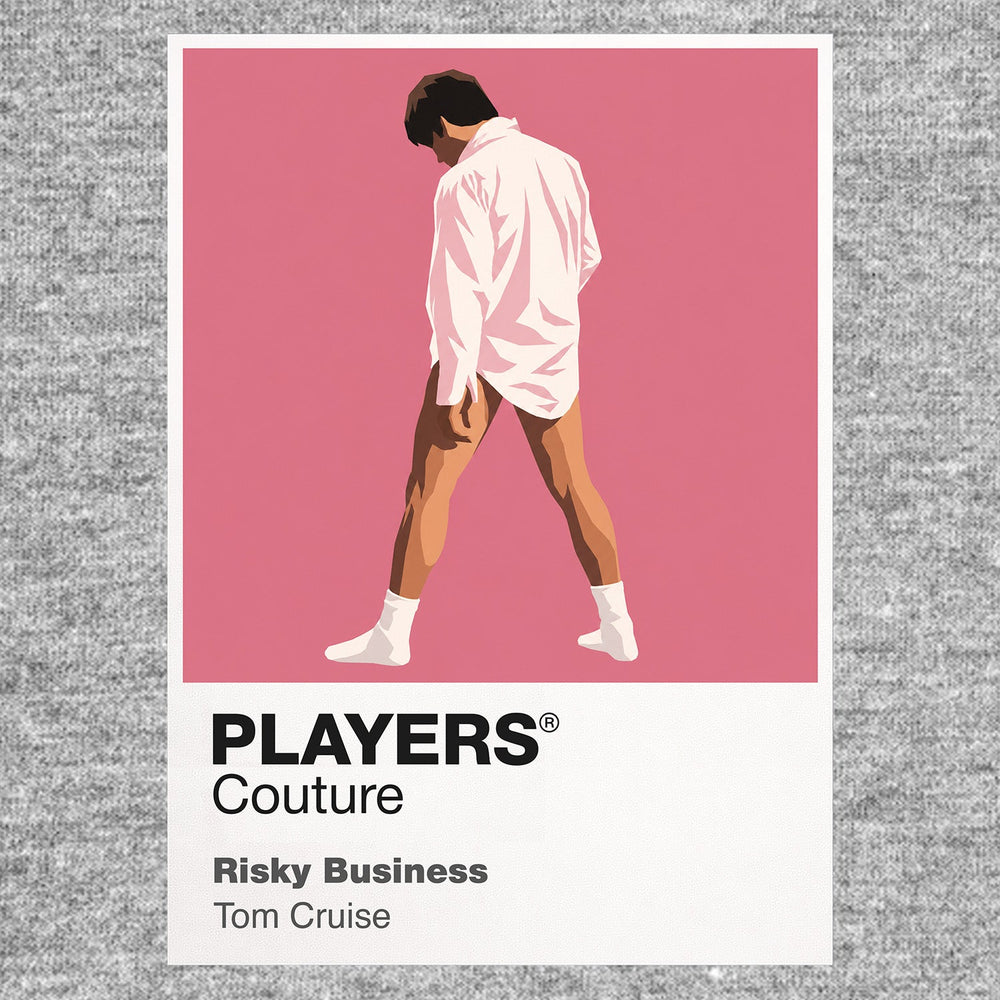 Risky Business Joel Goodsen sliding across the floor in shirt, socks and sunglasses Icon Frame artwork in grey