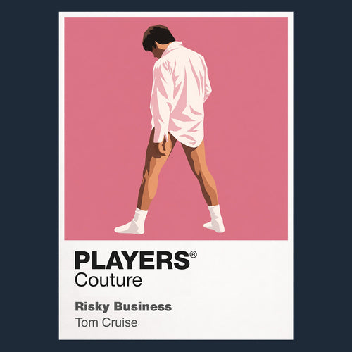 Risky Business Joel Goodsen sliding across the floor in shirt, socks and sunglasses Icon Frame artwork in navy
