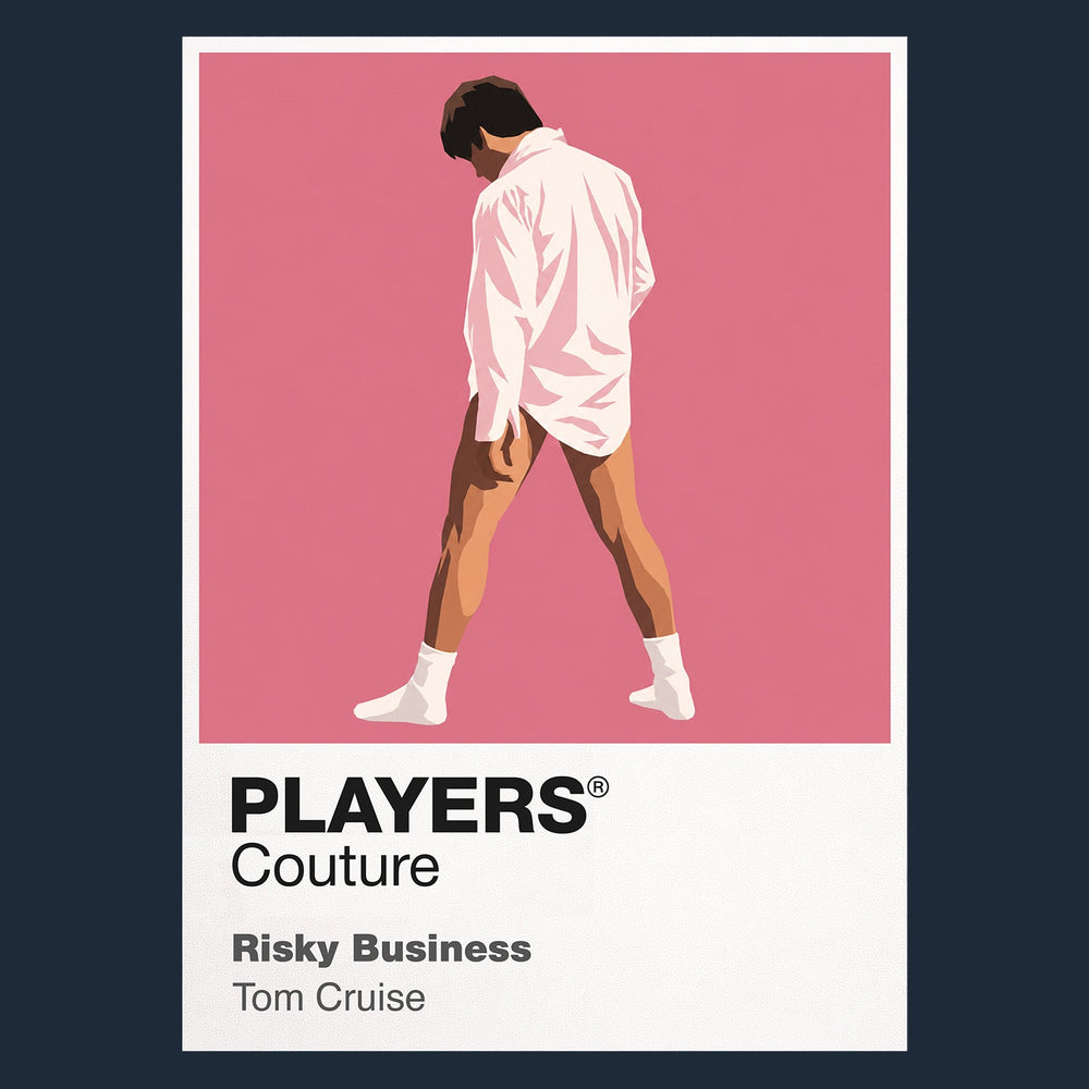 Risky Business Joel Goodsen sliding across the floor in shirt, socks and sunglasses Icon Frame artwork in navy