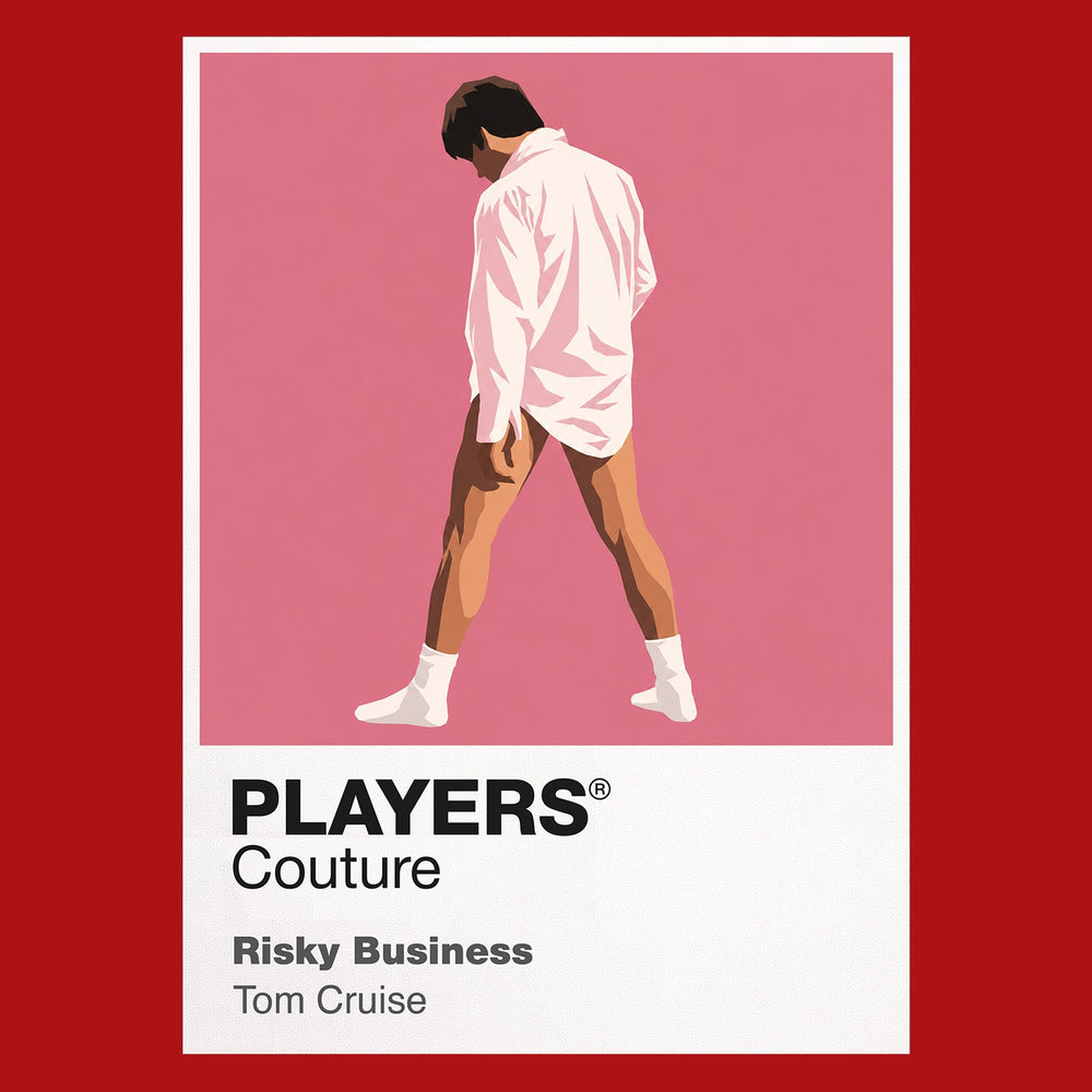 Risky Business Joel Goodsen sliding across the floor in shirt, socks and sunglasses Icon Frame artwork in red