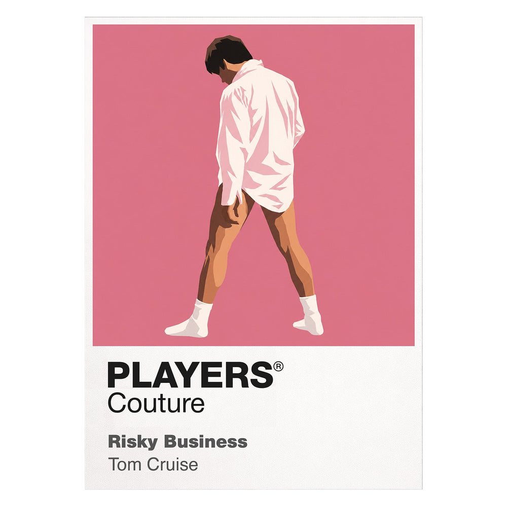 Risky Business Joel Goodsen sliding across the floor in shirt, socks and sunglasses Icon Frame artwork on white