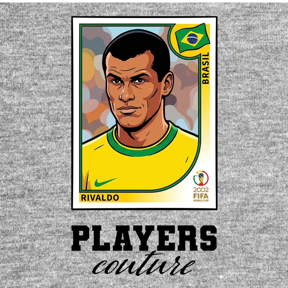 Rivaldo World Cup Sticker Men's T-Shirt – grey close-up detail shot of the Rivaldo World Cup Players Couture logo design