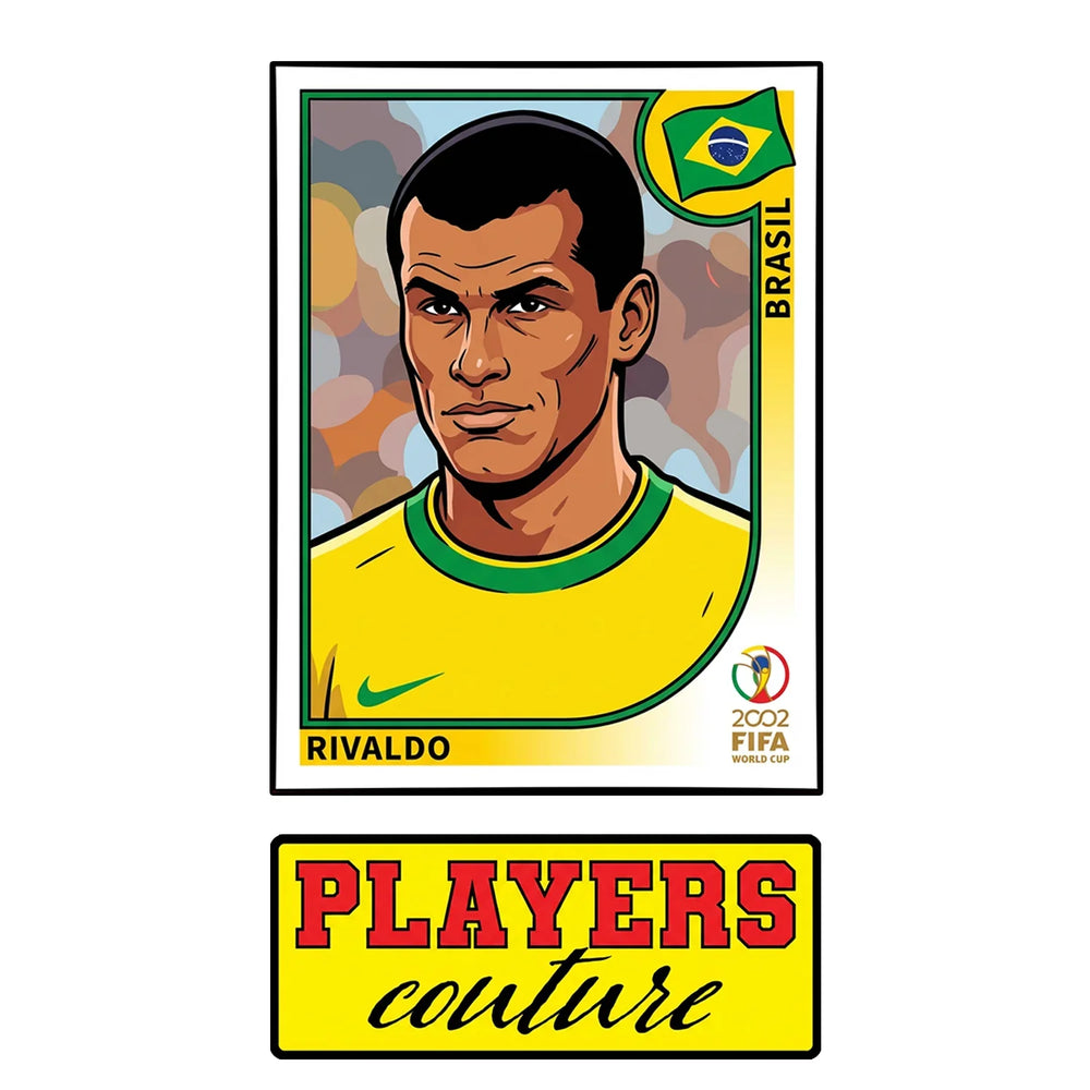 Rivaldo World Cup Sticker Men's T-Shirt – close-up detail shot of the Rivaldo World Cup Players Couture logo design