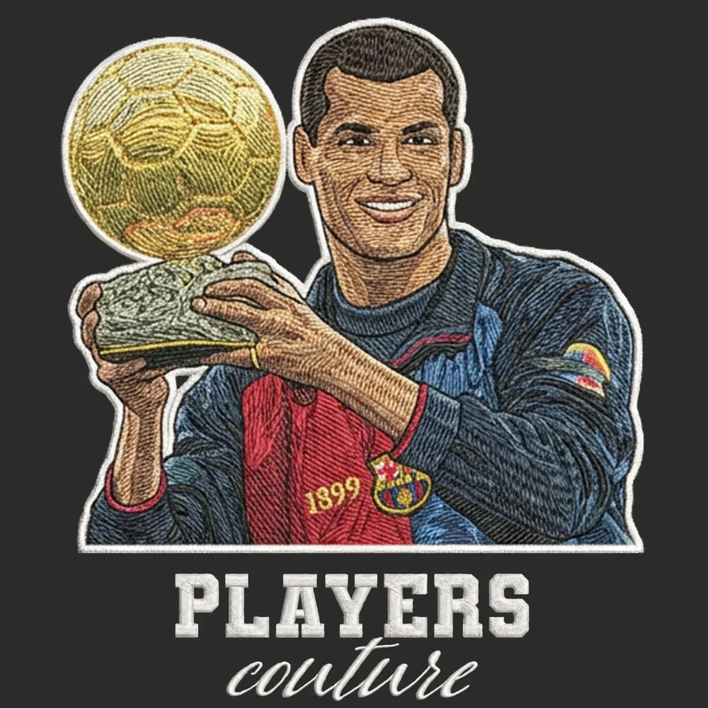 Rivaldo Badge Men's Hoodie – black close-up detail shot of the Rivaldo Players Couture logo design
