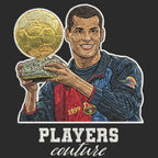 Rivaldo Badge Men's Hoodie – black close-up detail shot of the Rivaldo Players Couture logo design