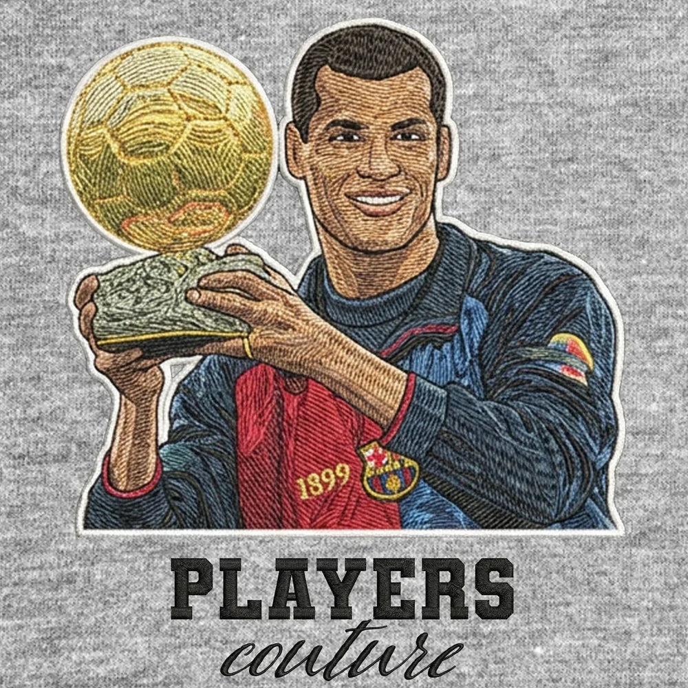 Rivaldo Badge Men's Hoodie – grey close-up detail shot of the Rivaldo Players Couture logo design