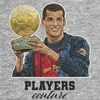 Rivaldo Badge Men's Hoodie – grey close-up detail shot of the Rivaldo Players Couture logo design