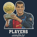 Rivaldo Badge Men's Hoodie – navy close-up detail shot of the Rivaldo Players Couture logo design