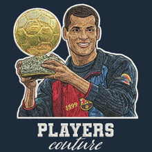 Rivaldo Badge Men's Hoodie – navy close-up detail shot of the Rivaldo Players Couture logo design