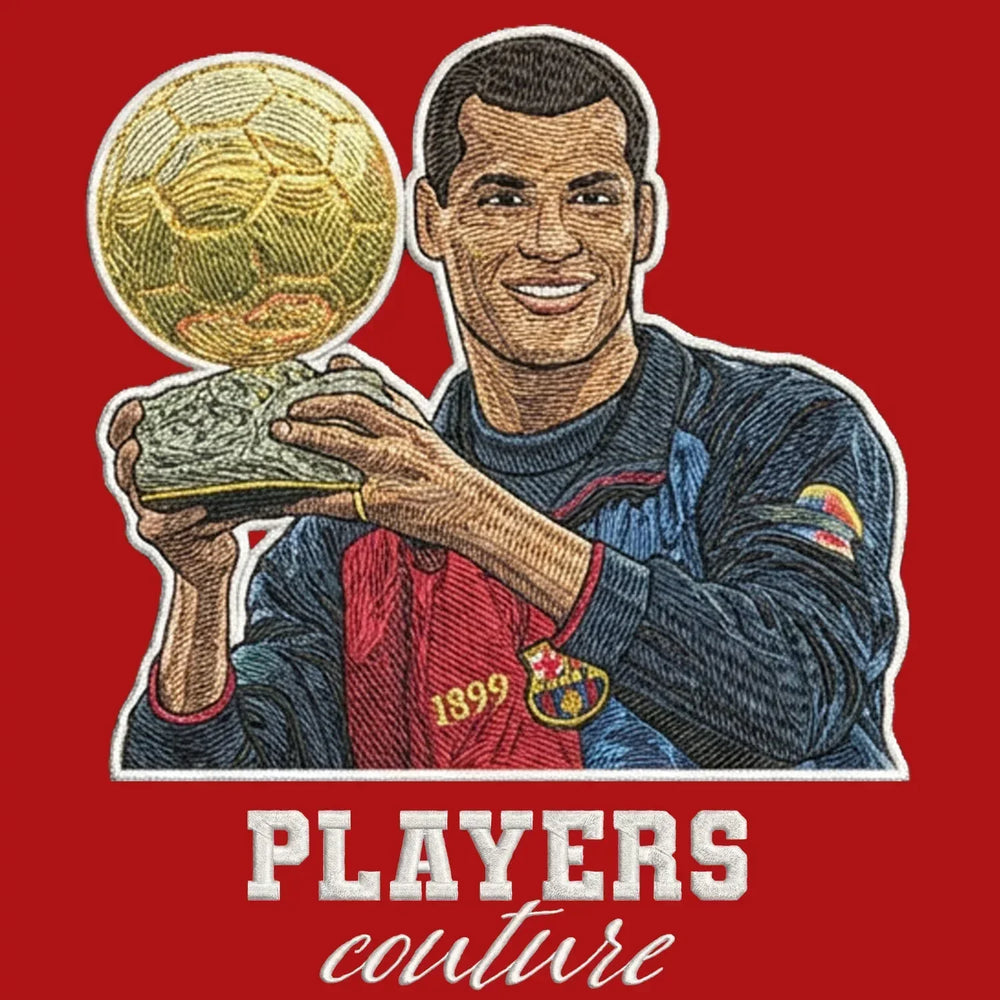 Rivaldo Badge Men's Hoodie – red close-up detail shot of the Rivaldo Players Couture logo design