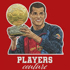 Rivaldo Badge Men's Hoodie – red close-up detail shot of the Rivaldo Players Couture logo design
