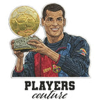 Rivaldo Badge Men's Hoodie – white close-up detail shot of the Rivaldo Players Couture logo design