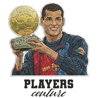 Rivaldo Badge Men's Hoodie – white close-up detail shot of the Rivaldo Players Couture logo design