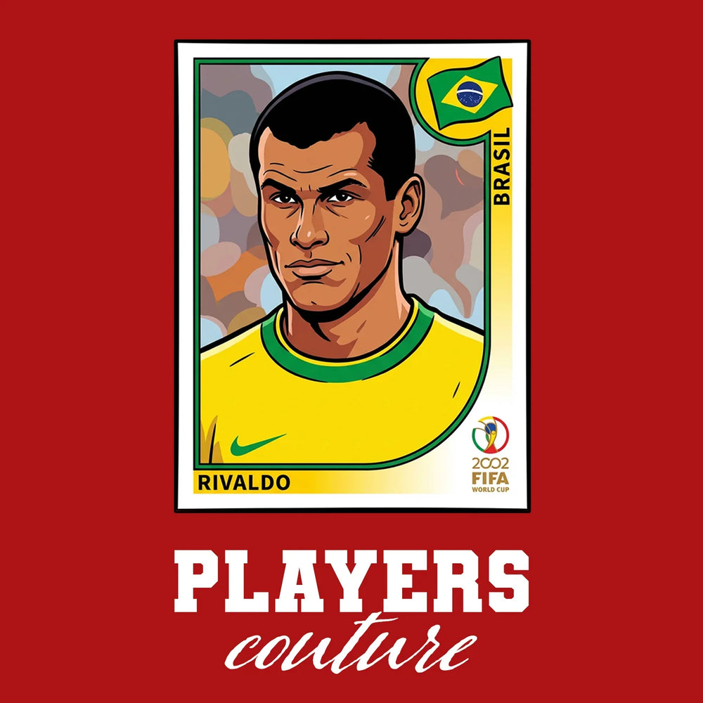 Rivaldo World Cup Sticker Men's T-Shirt – red close-up detail shot of the Rivaldo World Cup Players Couture logo design