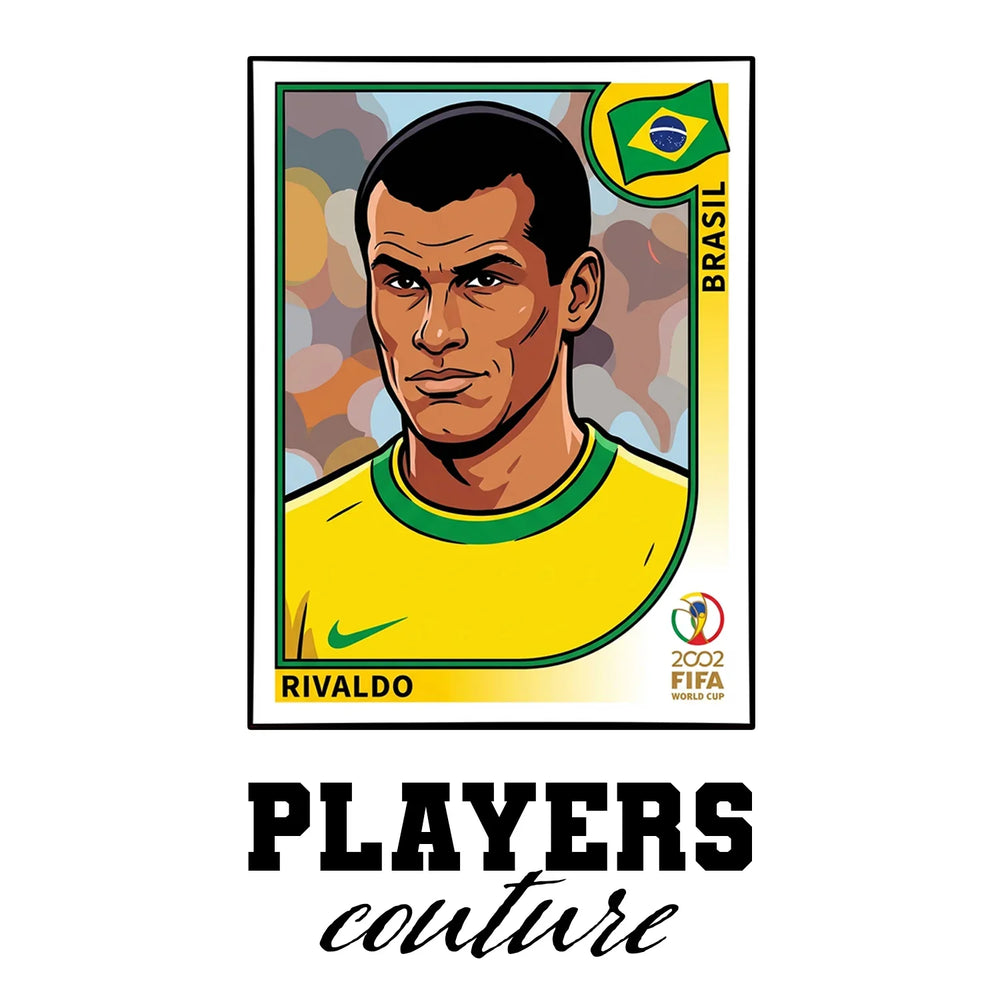 Rivaldo World Cup Sticker Men's T-Shirt – white close-up detail shot of the Rivaldo Players Couture logo design