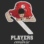 Robbie Fowler Celebration Badge Men's Hoodie – black close-up detail shot of the Robbie Fowler Celebration Players Couture