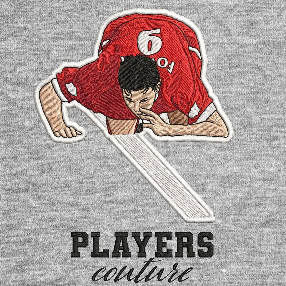 Robbie Fowler Celebration Badge Men's Hoodie – grey close-up detail shot of the Robbie Fowler Celebration Players Couture
