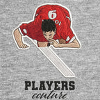 Robbie Fowler Celebration Badge Men's Hoodie – grey close-up detail shot of the Robbie Fowler Celebration Players Couture