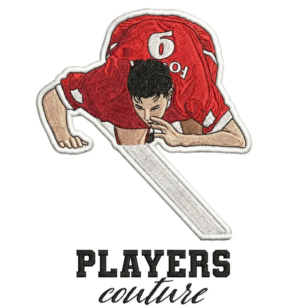 Robbie Fowler Celebration Badge Men's Hoodie – white close-up detail shot of the Robbie Fowler Celebration Players Couture