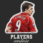 Robbie Fowler Badge Men's Hoodie – black close-up detail shot of the Robbie Fowler Players Couture logo design