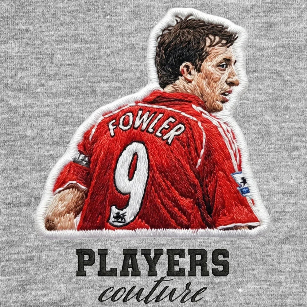 Robbie Fowler Badge Men's Hoodie – grey close-up detail shot of the Robbie Fowler Players Couture logo design