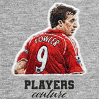 Robbie Fowler Badge Men's Hoodie – grey close-up detail shot of the Robbie Fowler Players Couture logo design