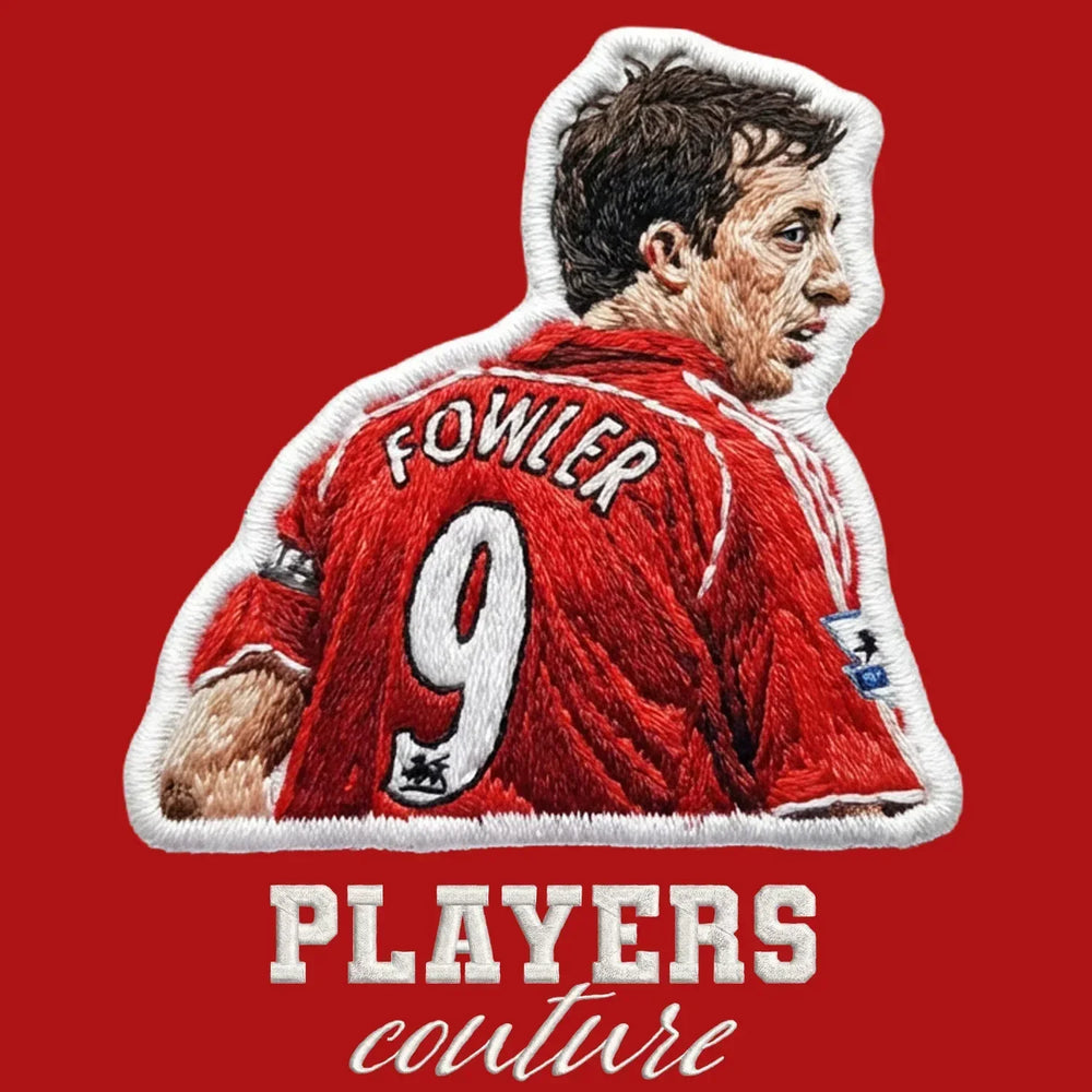 Robbie Fowler Badge Men's Hoodie – red close-up detail shot of the Robbie Fowler Players Couture logo design