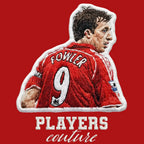 Robbie Fowler Badge Men's Hoodie – red close-up detail shot of the Robbie Fowler Players Couture logo design