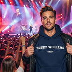 Robbie Williams hoodie – navy men's hoodie with white Robbie Williams letters and Players Couture logo on the chest