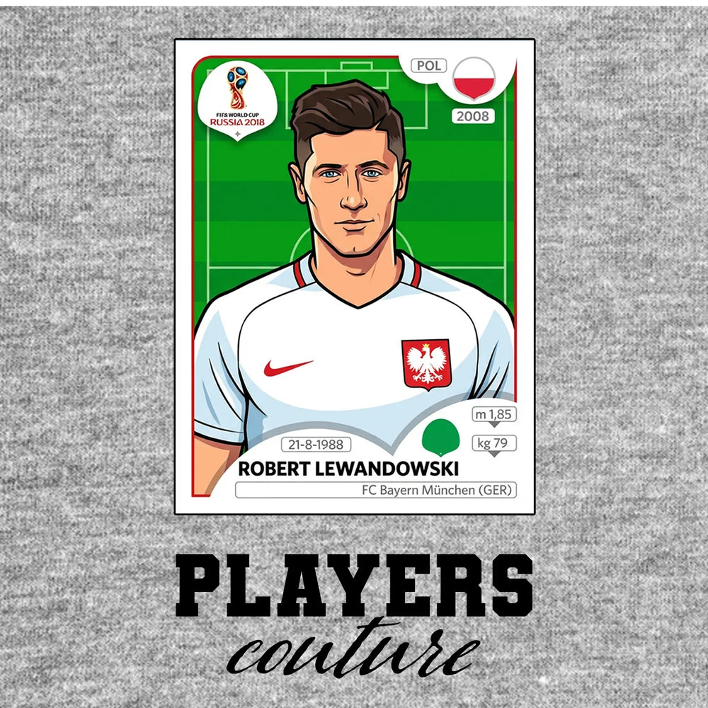 Robert Lewandowski World Cup Sticker Men's T-Shirt – grey close-up detail shot of the Robert Lewandowski World Cup Players