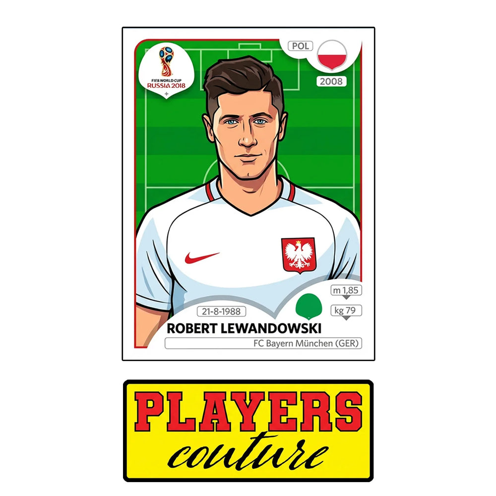 Robert Lewandowski World Cup Sticker Men's T-Shirt – close-up detail shot of the Robert Lewandowski World Cup Players