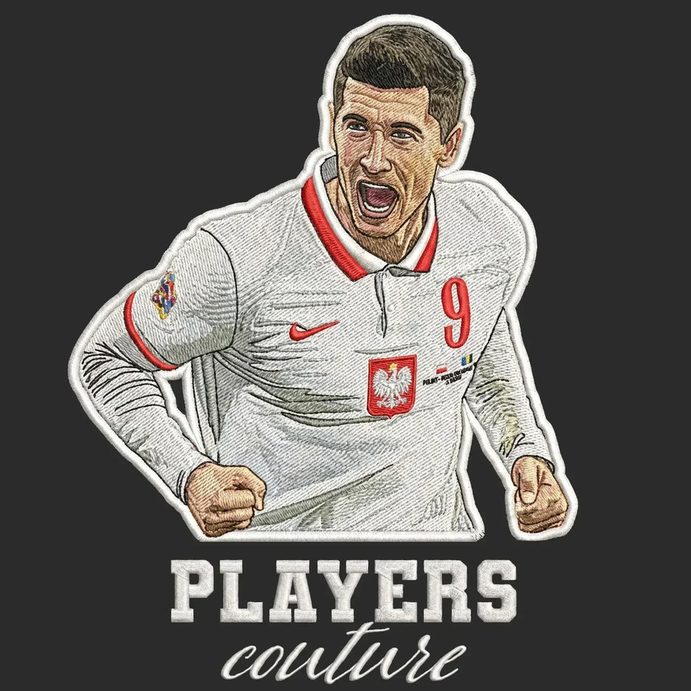 Robert Lewandowski Badge Men's Hoodie – black close-up detail shot of the Robert Lewandowski Players Couture logo design