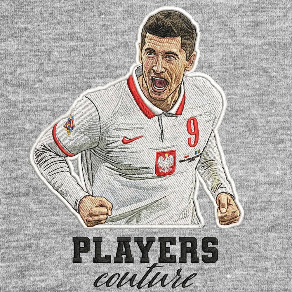 Robert Lewandowski Badge Men's Hoodie – grey close-up detail shot of the Robert Lewandowski Players Couture logo design