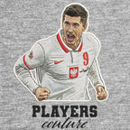 Robert Lewandowski Badge Men's Hoodie – grey close-up detail shot of the Robert Lewandowski Players Couture logo design