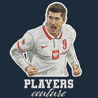 Robert Lewandowski Badge Men's Hoodie – navy close-up detail shot of the Robert Lewandowski Players Couture logo design
