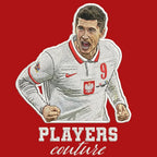 Robert Lewandowski Badge Men's Hoodie – red close-up detail shot of the Robert Lewandowski Players Couture logo design