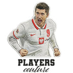 Robert Lewandowski Badge Men's Hoodie – white close-up detail shot of the Robert Lewandowski Players Couture logo design